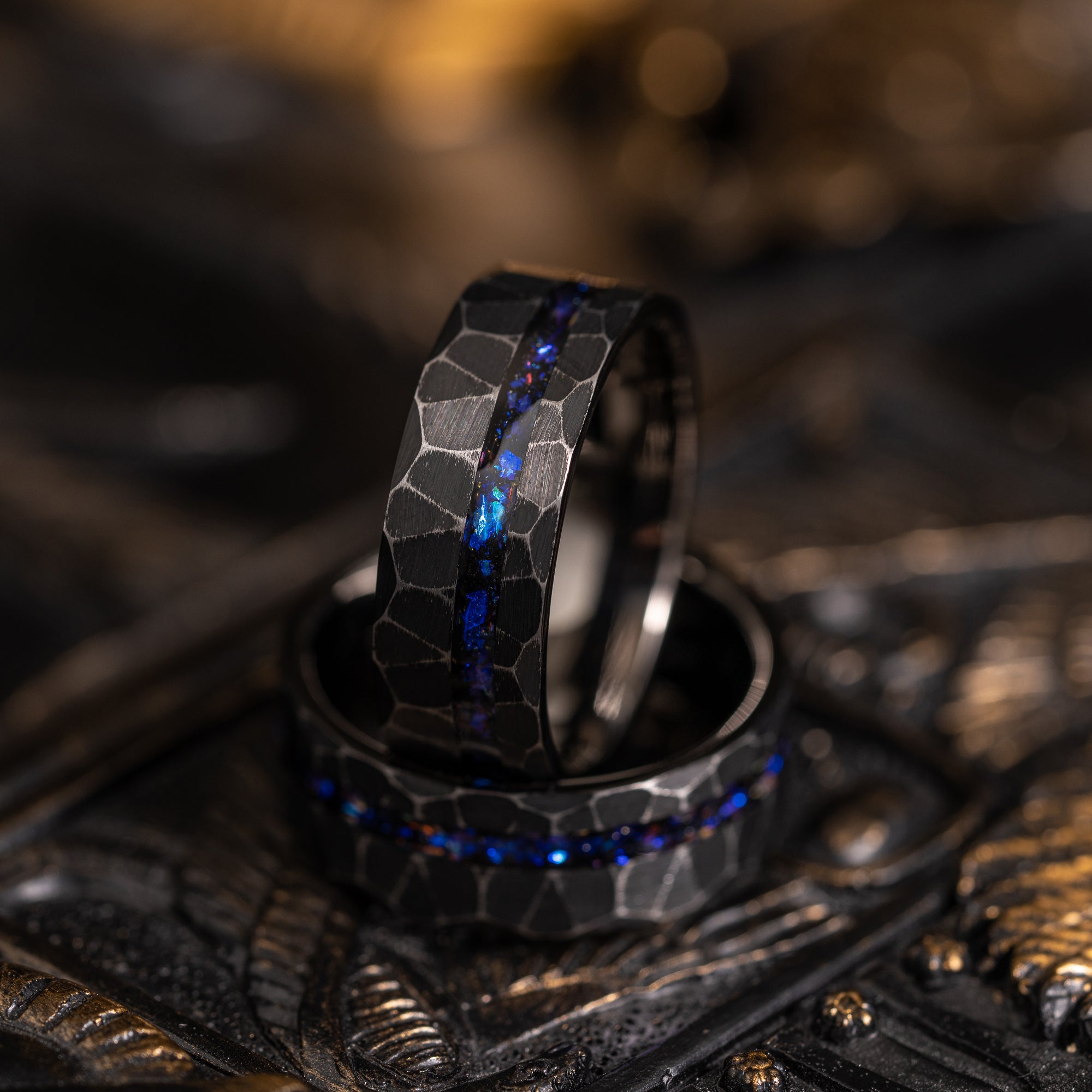"Zeus" Distressed Hammered Nebula Ring- Opal- Black 8mm