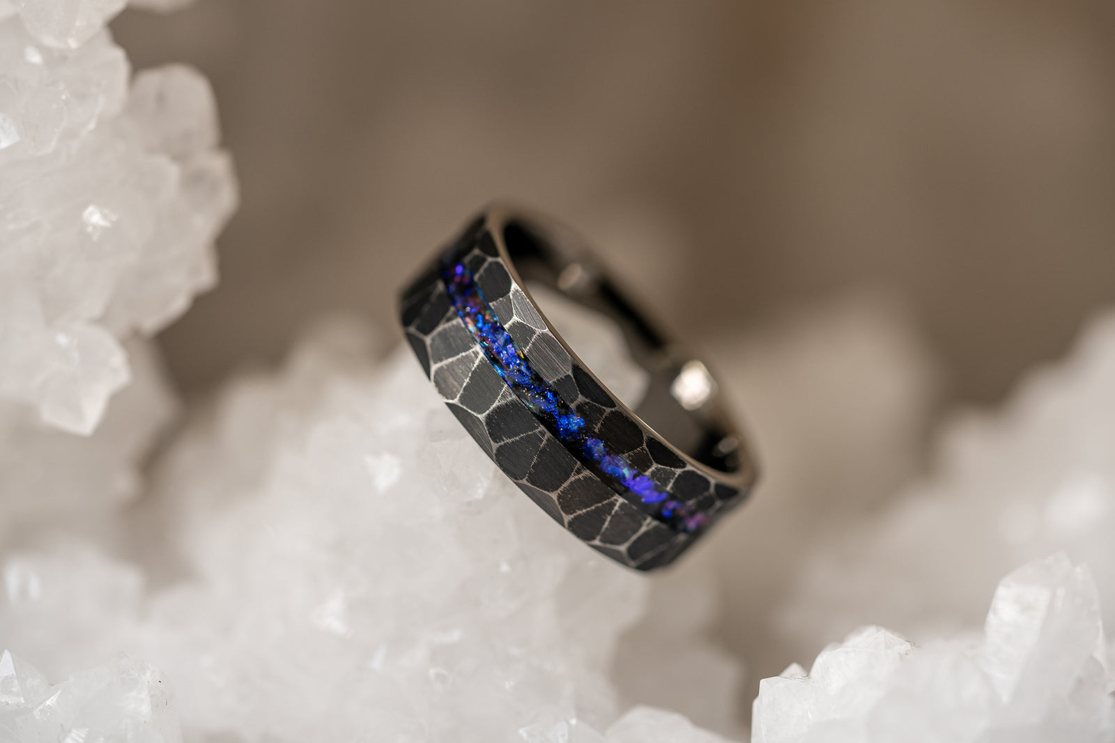 "Zeus" Distressed Hammered Nebula Ring- Opal- Black 8mm