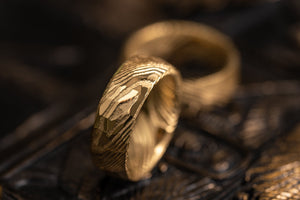 Hammered "Poseidon"  Steel Ring- Full Polish Gold Plate