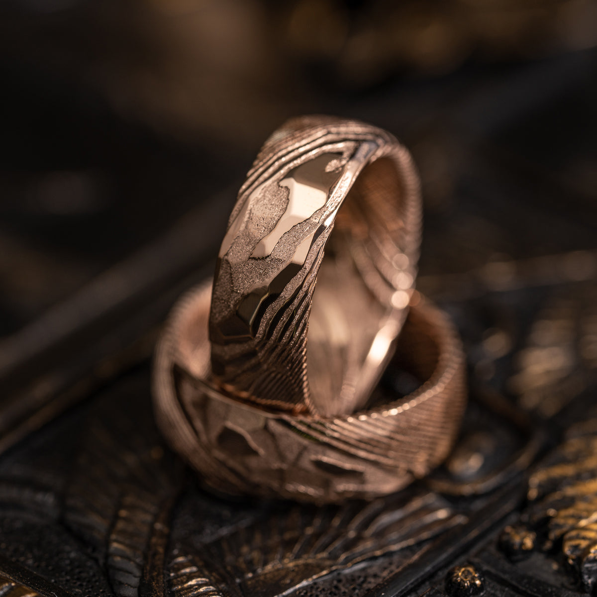 Hammered &quot;Poseidon&quot; Rose Gold Steel Ring- Full Polish