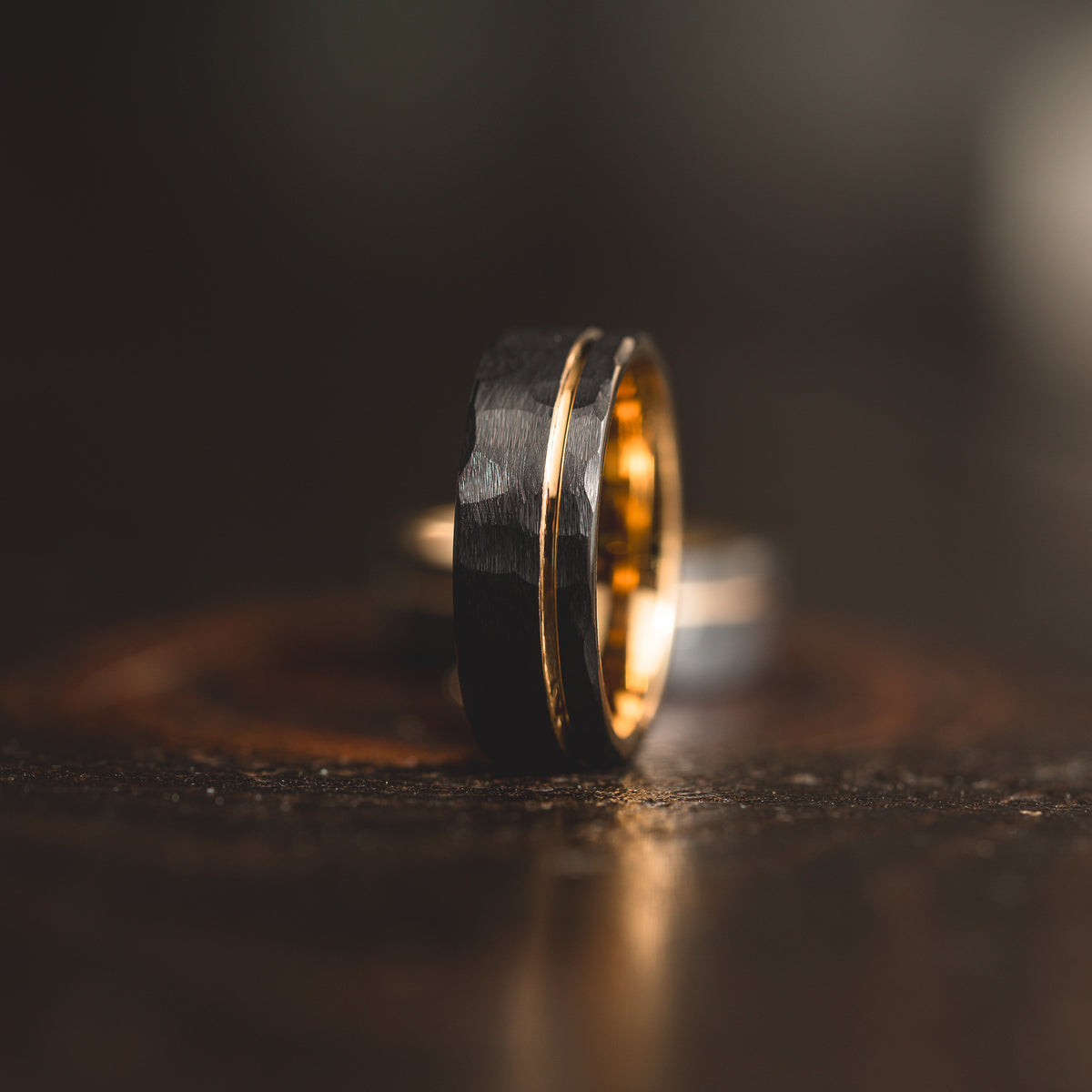 "Hex Forge" Hammered Tungsten Carbide- 8mm- Black x Yellow Gold