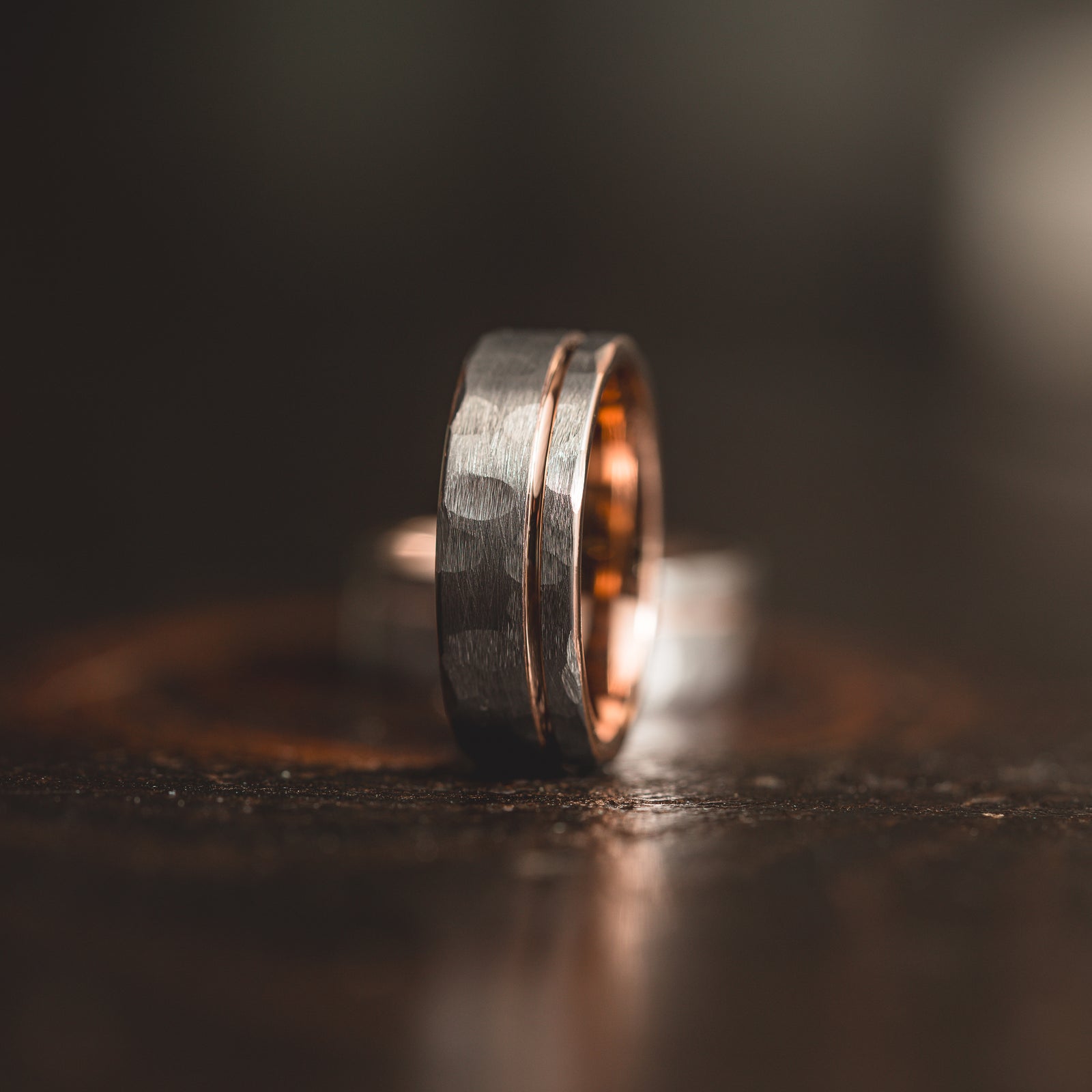 "Hex Forge" Hammered Tungsten Carbide- 8mm- Silver x Rose Gold