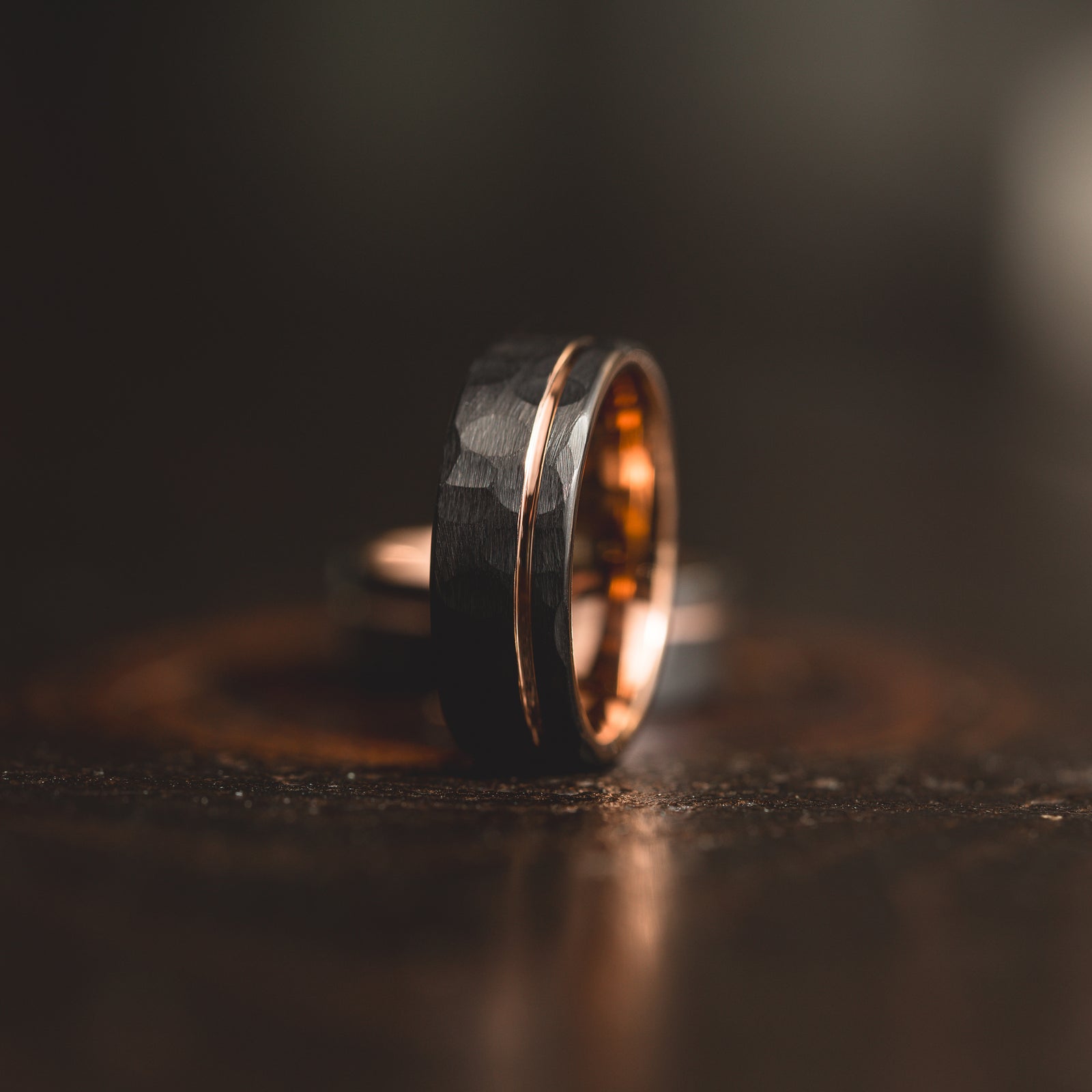 "Hex Forge" Hammered Tungsten Carbide- 8mm- Black x Rose Gold