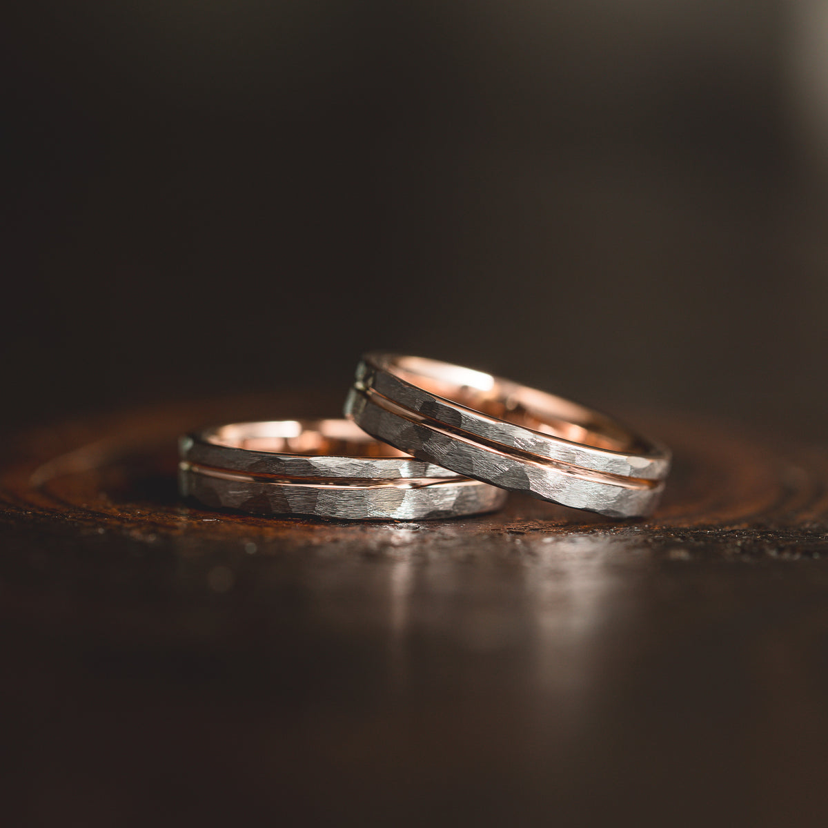 "Hex Forge" Hammered Tungsten Carbide- 4mm Womens- Silver x Rose Gold