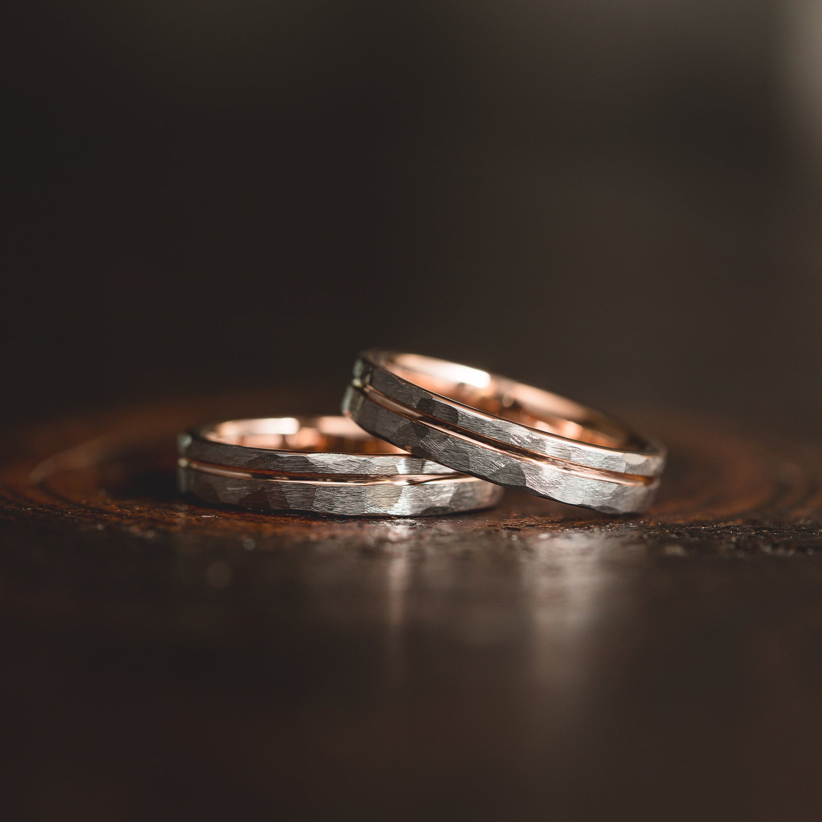 "Hex Forge" Hammered Tungsten Carbide- 4mm Womens- Silver x Rose Gold