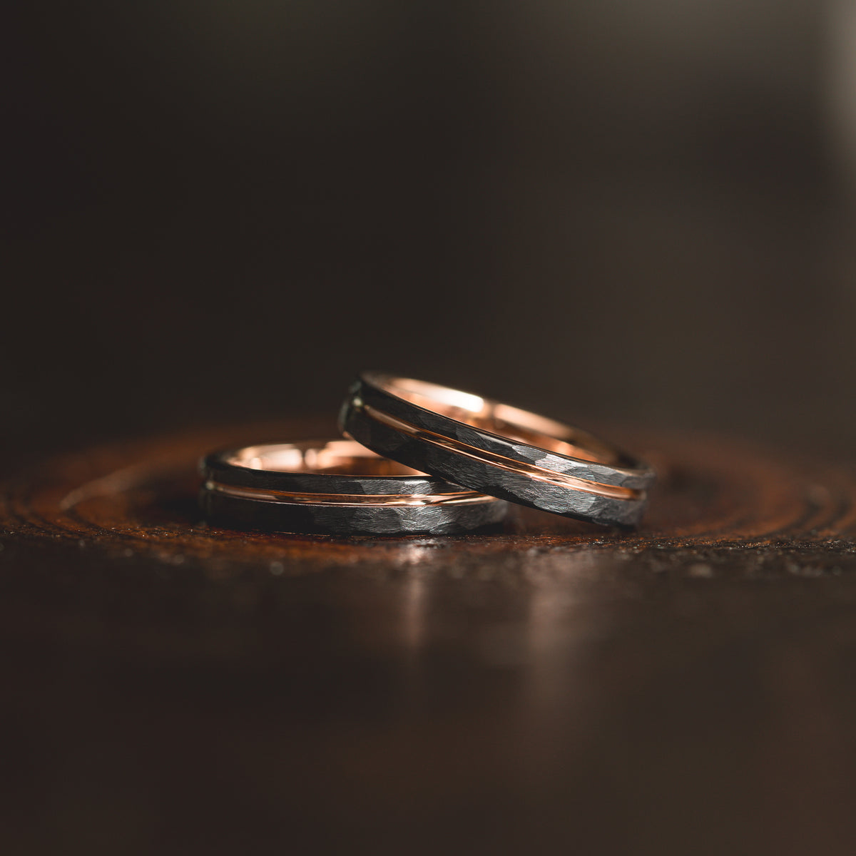 "Hex Forge" Hammered Tungsten Carbide- 4mm Womens- Black x Rose Gold