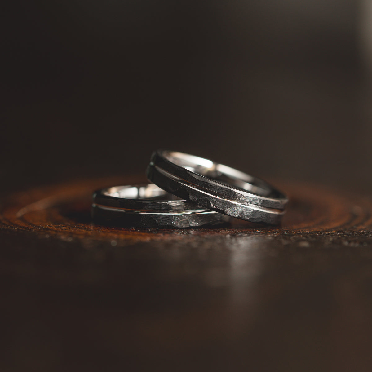 "Hex Forge" Hammered Tungsten Carbide- 4mm Womens- Black x Silver