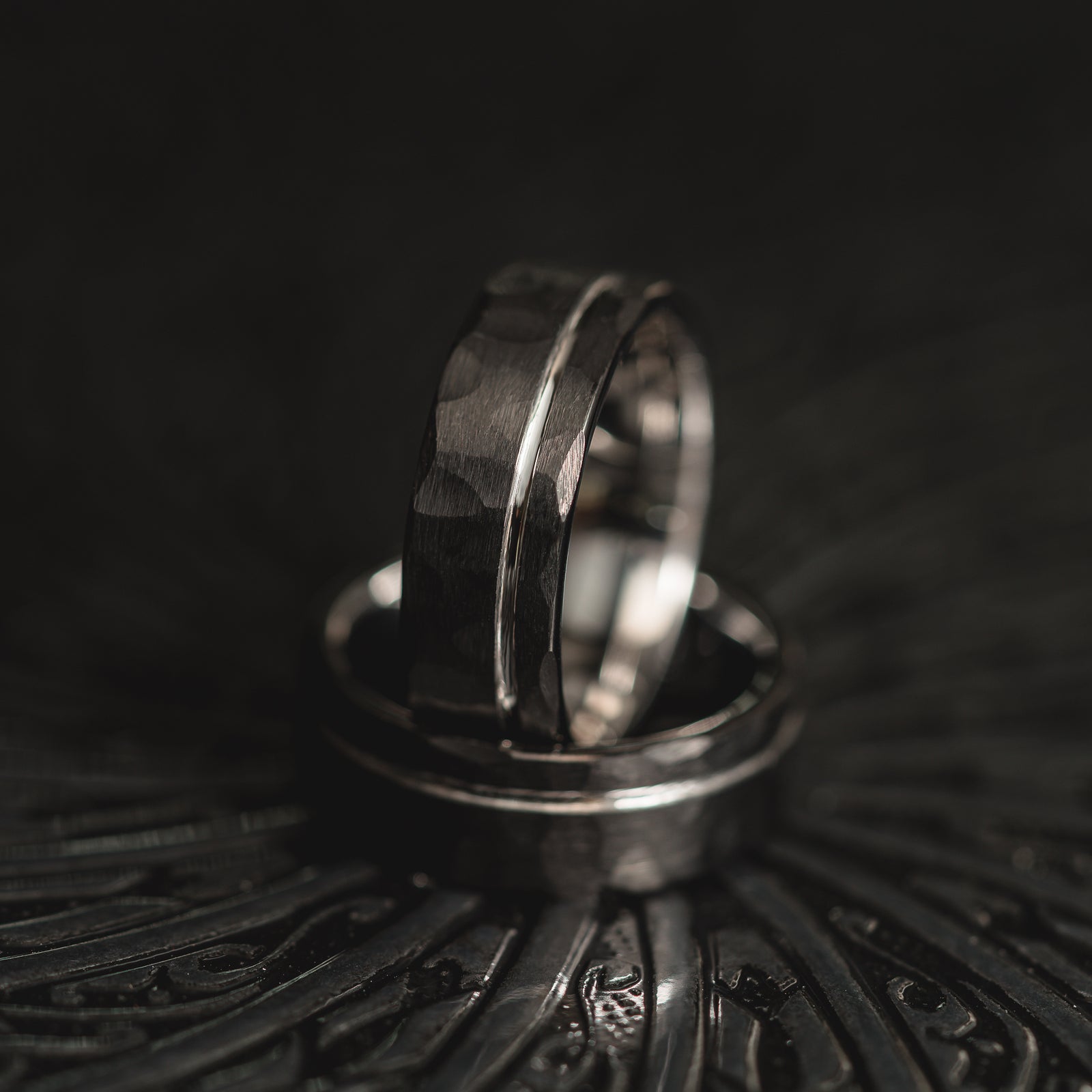 "Hex Forge" Hammered Tungsten Carbide- 8mm- Black x Silver