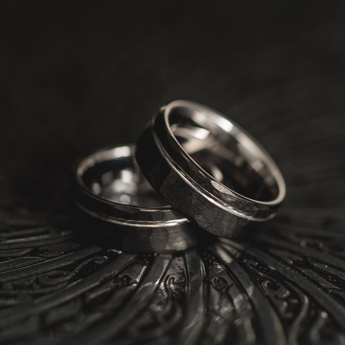 "Hex Forge" Hammered Tungsten Carbide- 8mm- Black x Silver