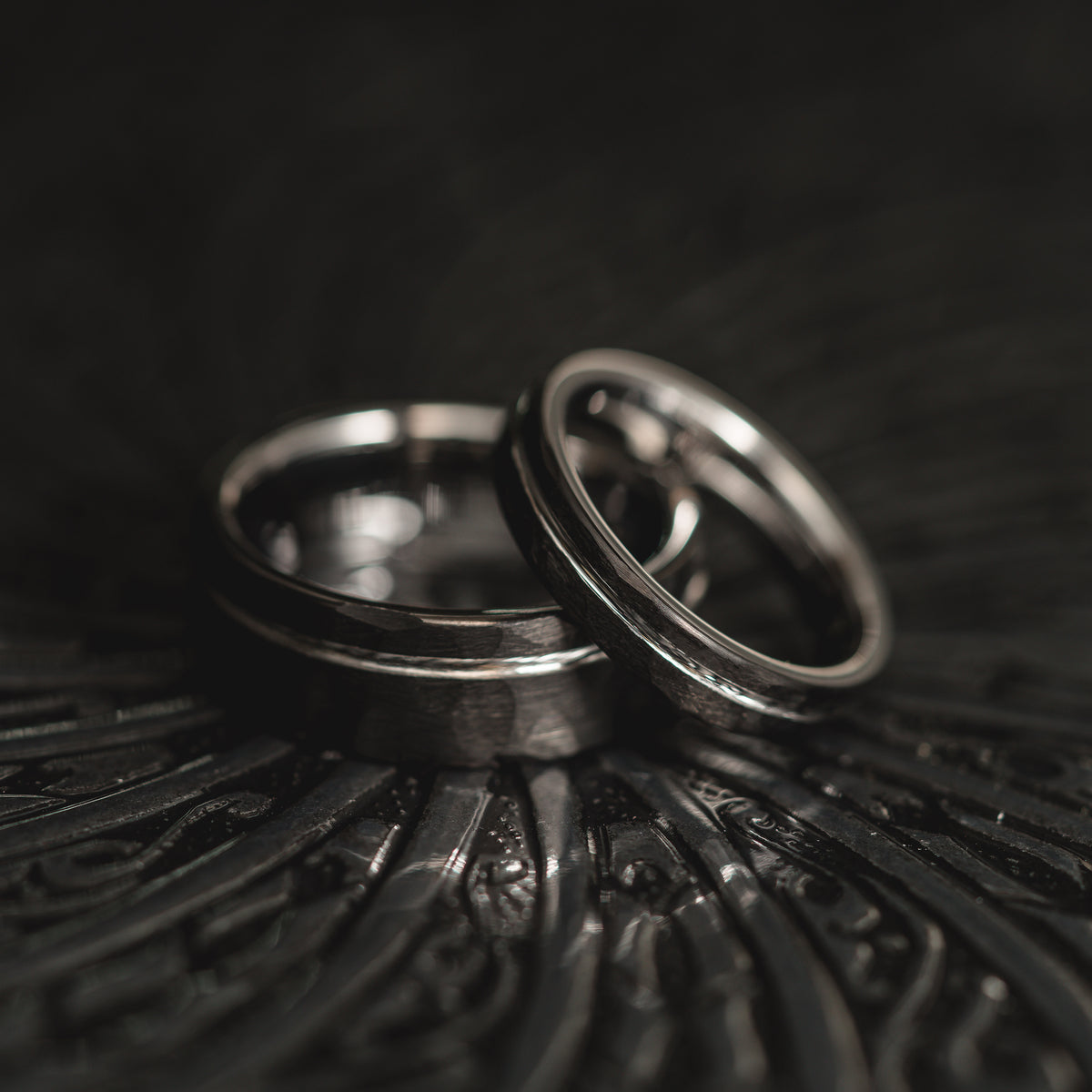 "Hex Forge" Hammered Tungsten Carbide- 8mm- Black x Silver