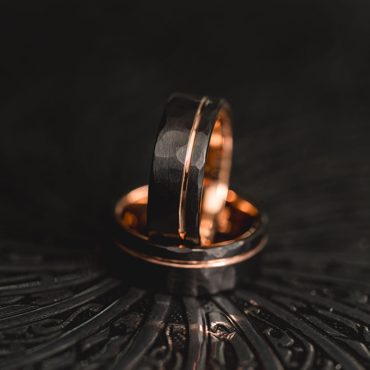 "Hex Forge" Hammered Tungsten Carbide- 8mm- Black x Rose Gold