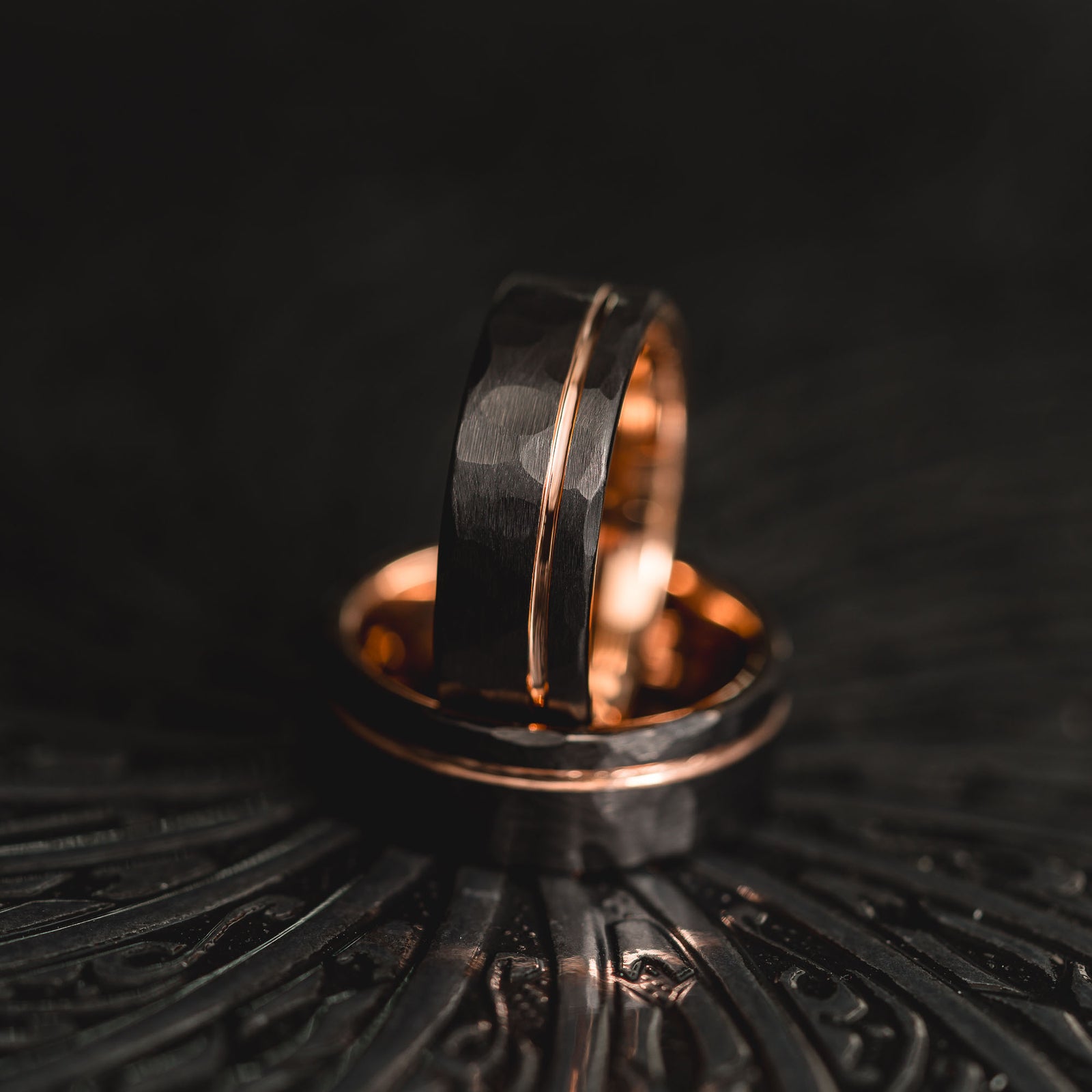 "Hex Forge" Hammered Tungsten Carbide- 8mm- Black x Rose Gold