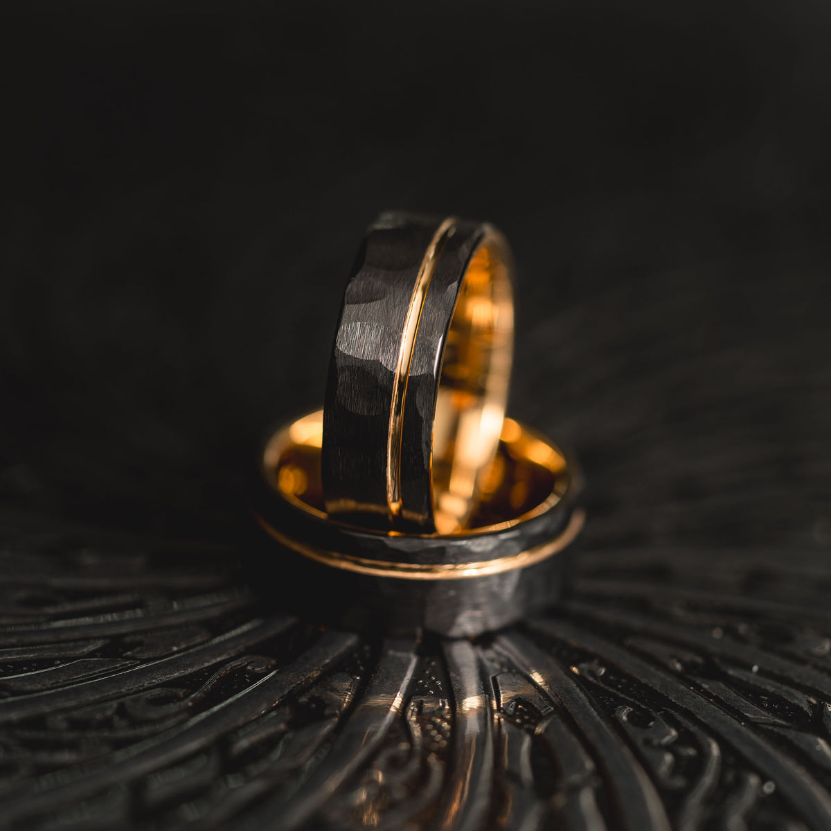 "Hex Forge" Hammered Tungsten Carbide- 8mm- Black x Yellow Gold