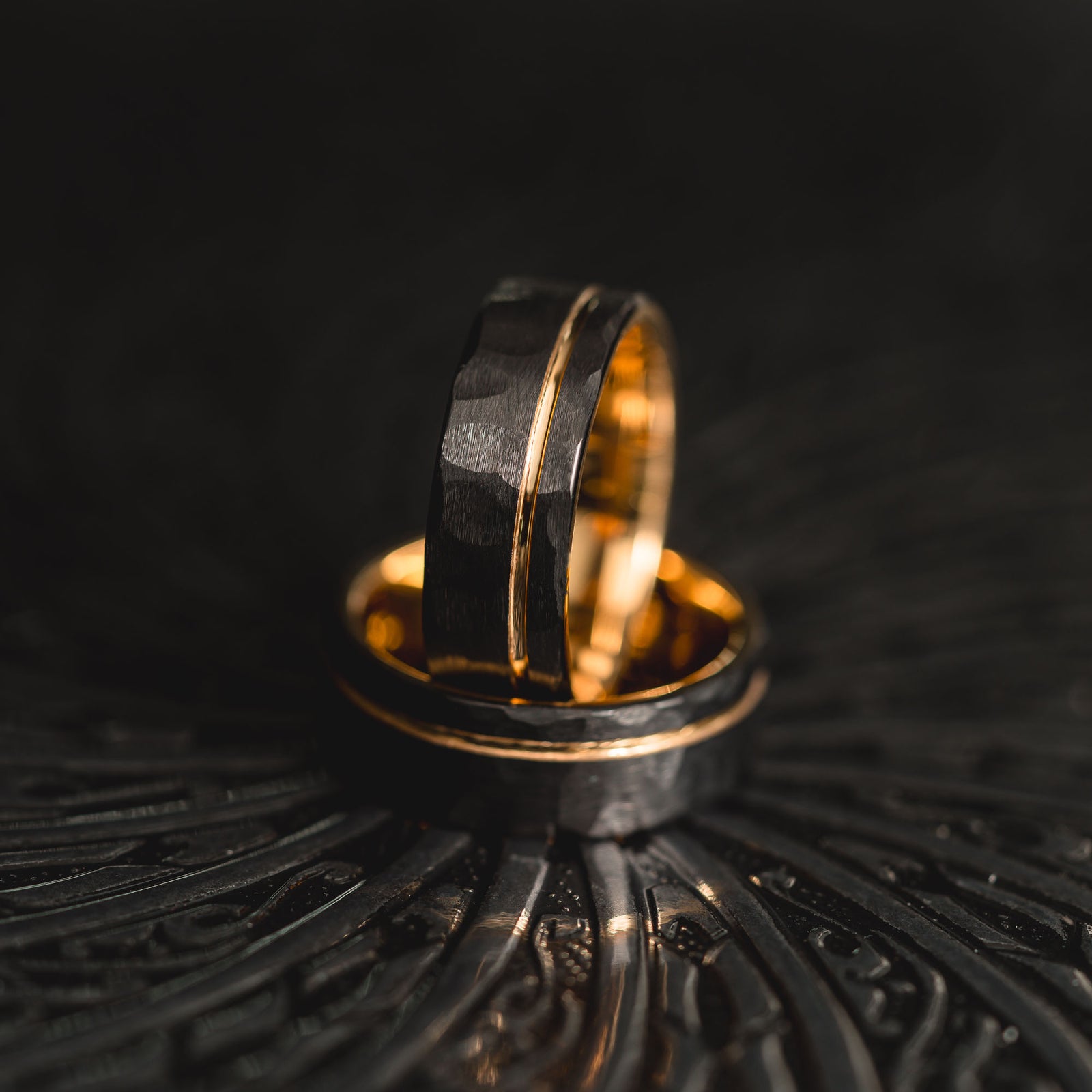 "Hex Forge" Hammered Tungsten Carbide- 8mm- Black x Yellow Gold