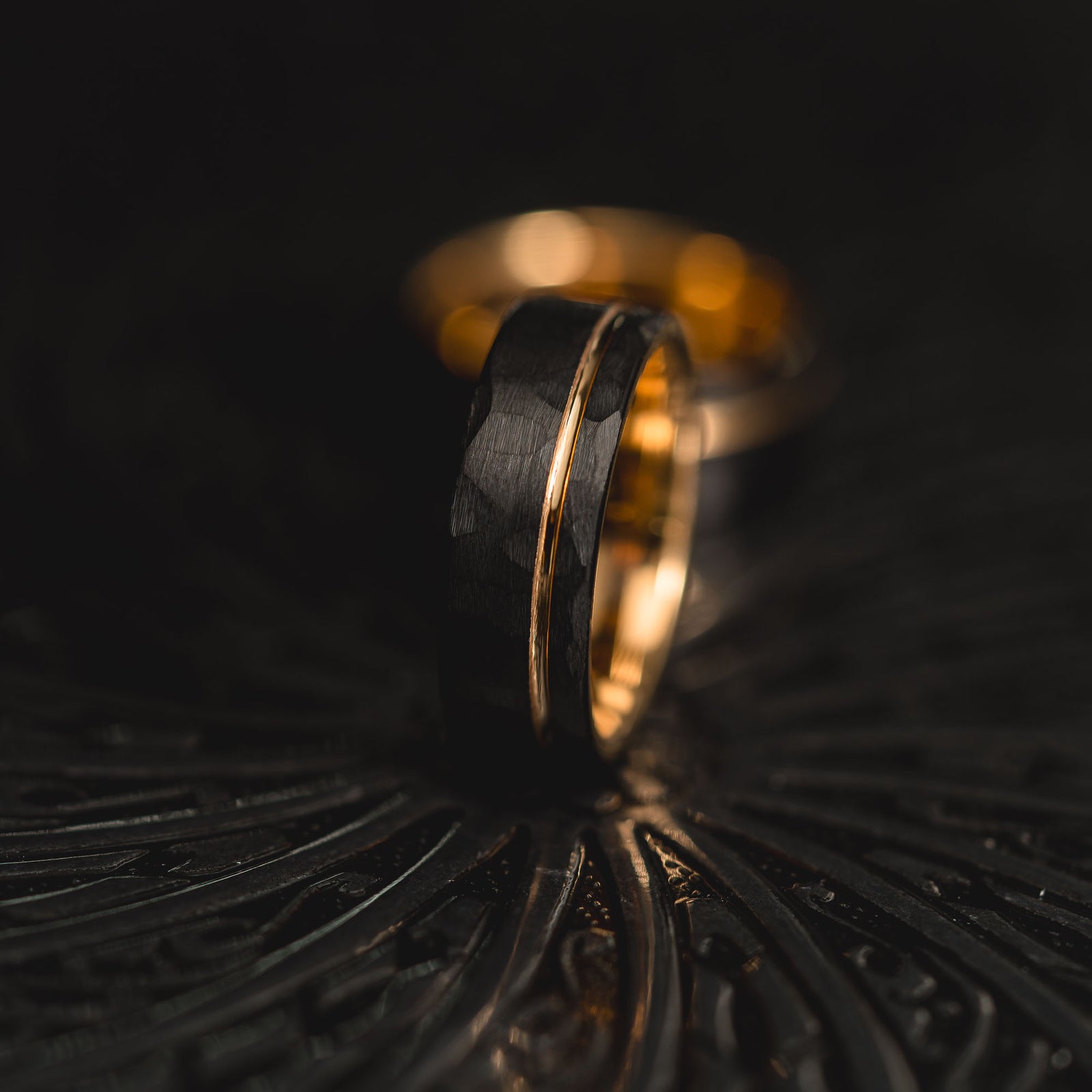 "Hex Forge" Hammered Tungsten Carbide- 8mm- Black x Yellow Gold