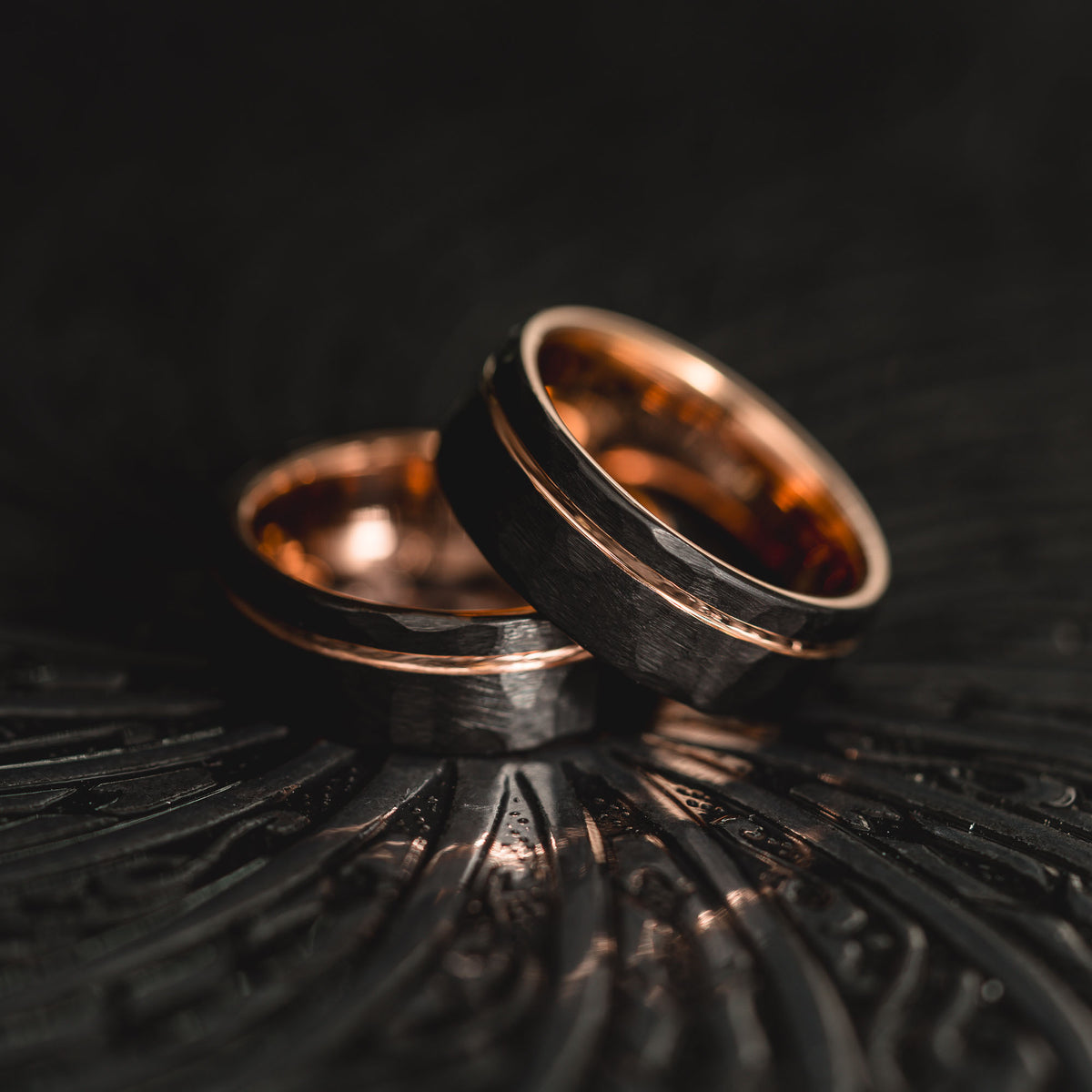 "Hex Forge" Hammered Tungsten Carbide- 8mm- Black x Rose Gold