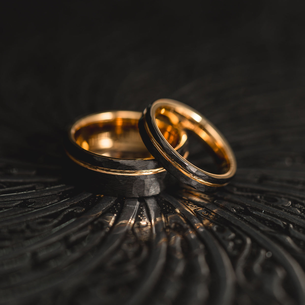 "Hex Forge" Hammered Tungsten Carbide- 4mm Womens- Black x Gold