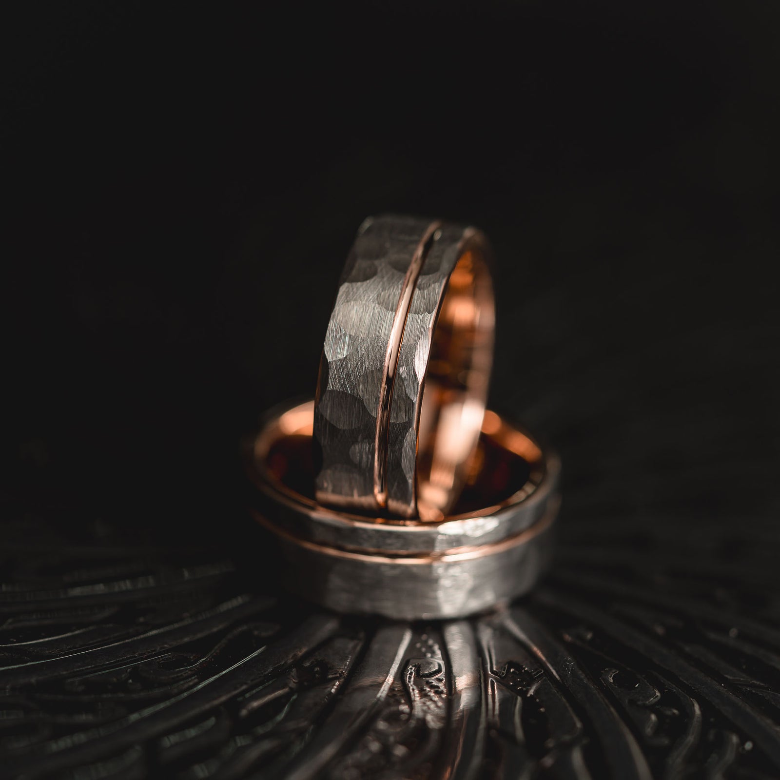 "Hex Forge" Hammered Tungsten Carbide- 8mm- Silver x Rose Gold