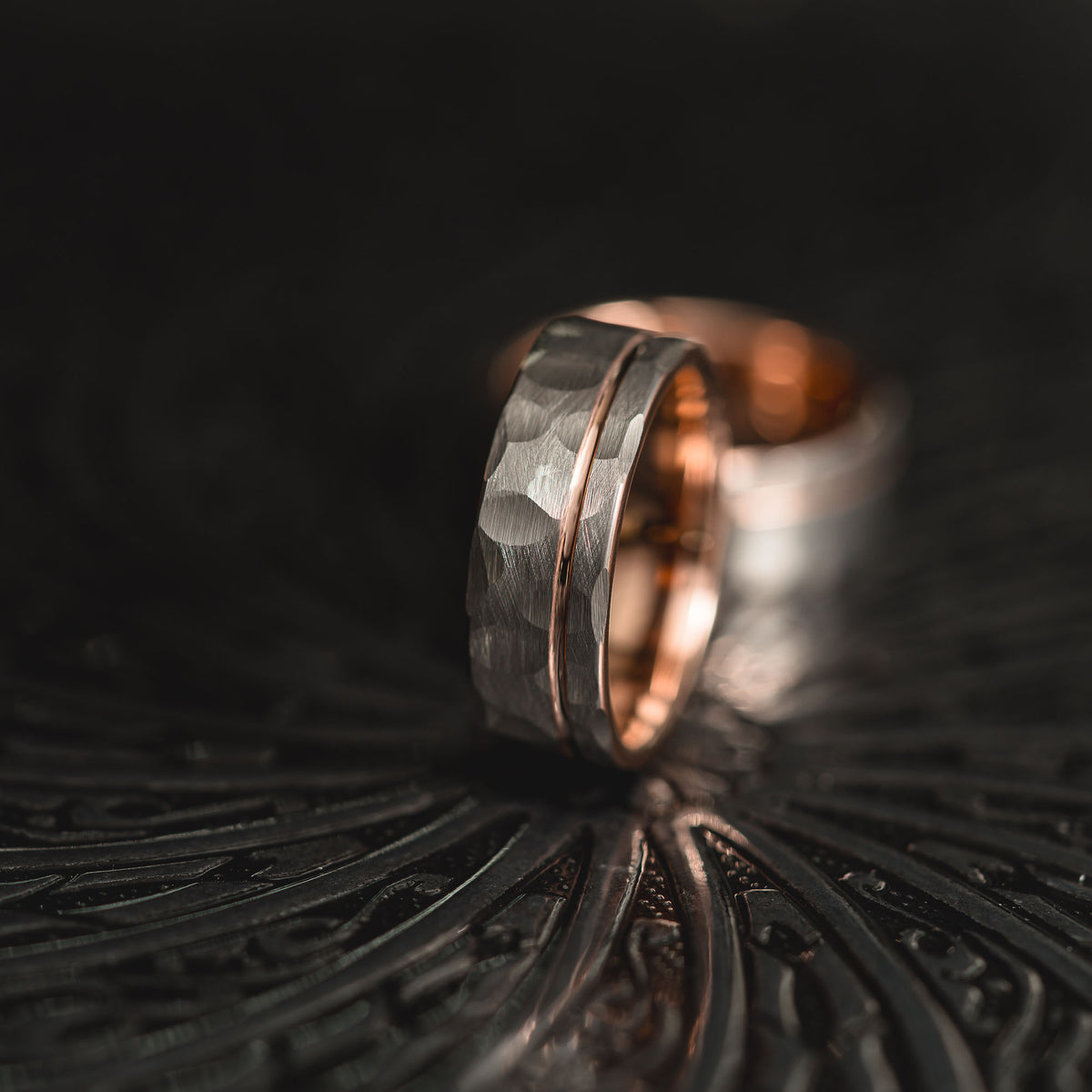"Hex Forge" Hammered Tungsten Carbide- 8mm- Silver x Rose Gold