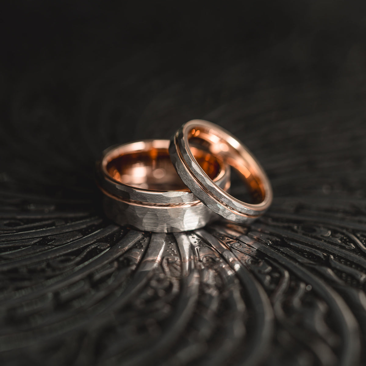 "Hex Forge" Hammered Tungsten Carbide- 4mm Womens- Silver x Rose Gold