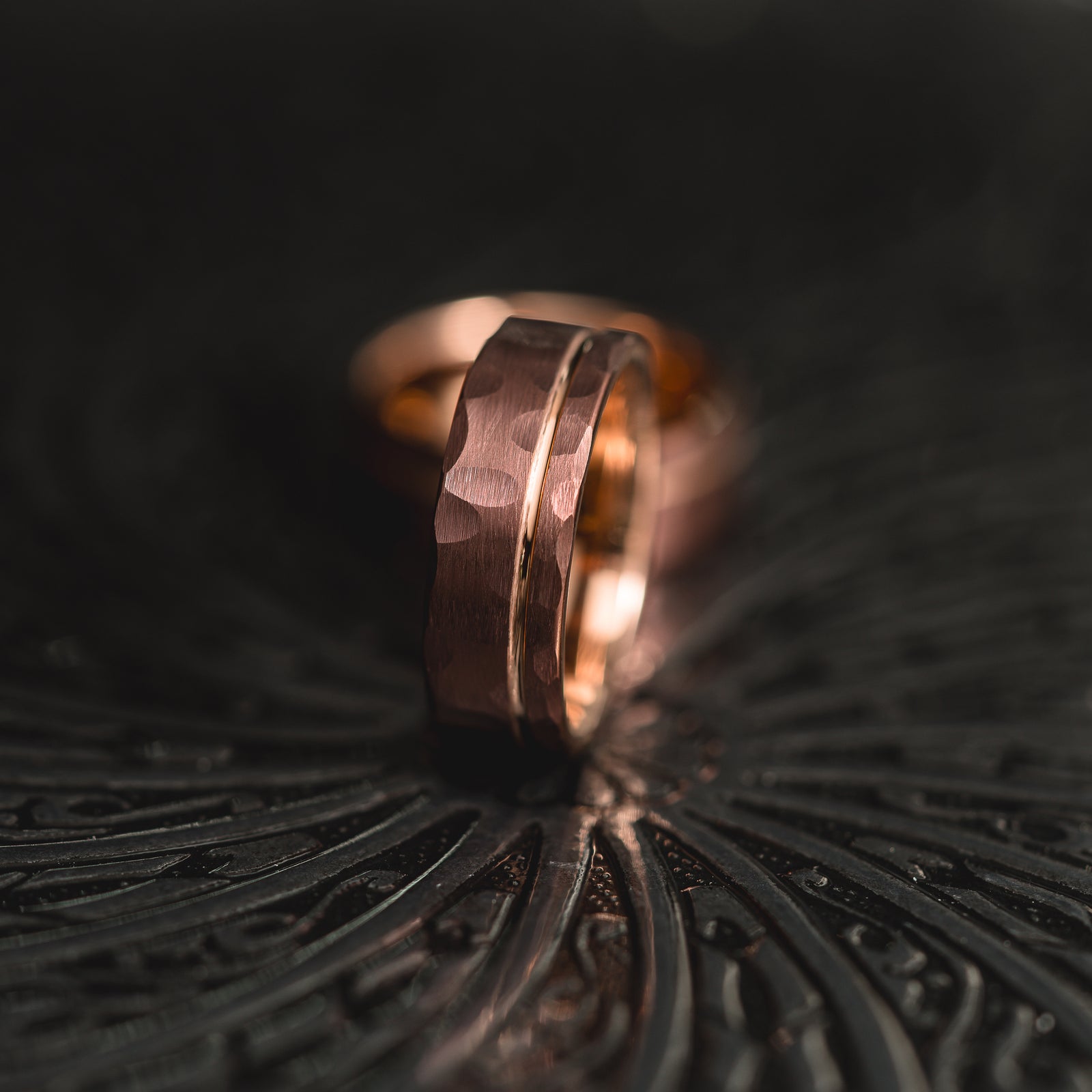 "Hex Forge" Hammered Tungsten Carbide- 8mm- Coffee x Rose Gold