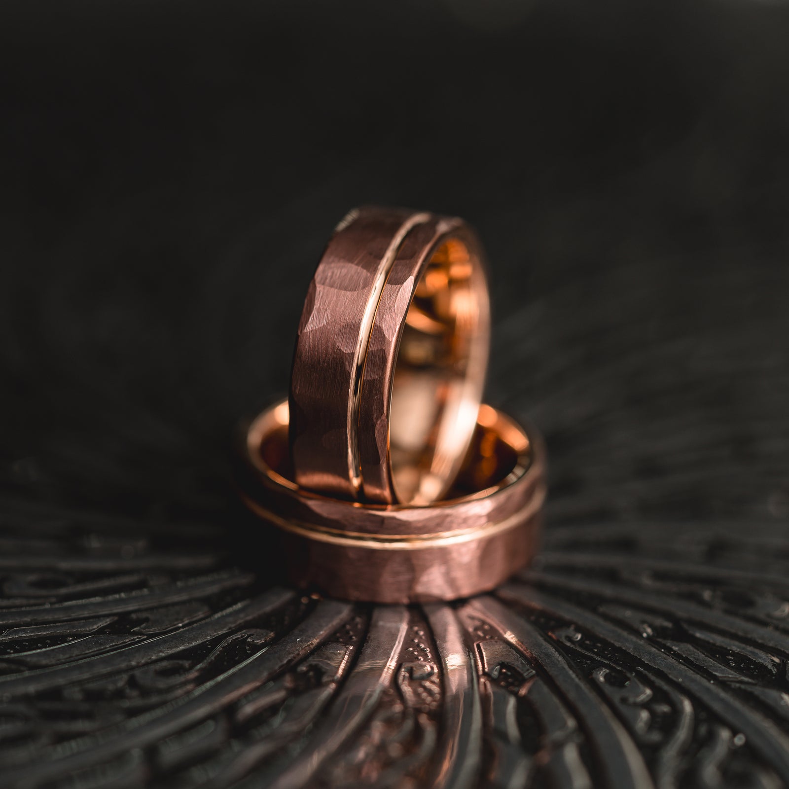 "Hex Forge" Hammered Tungsten Carbide- 8mm- Coffee x Rose Gold