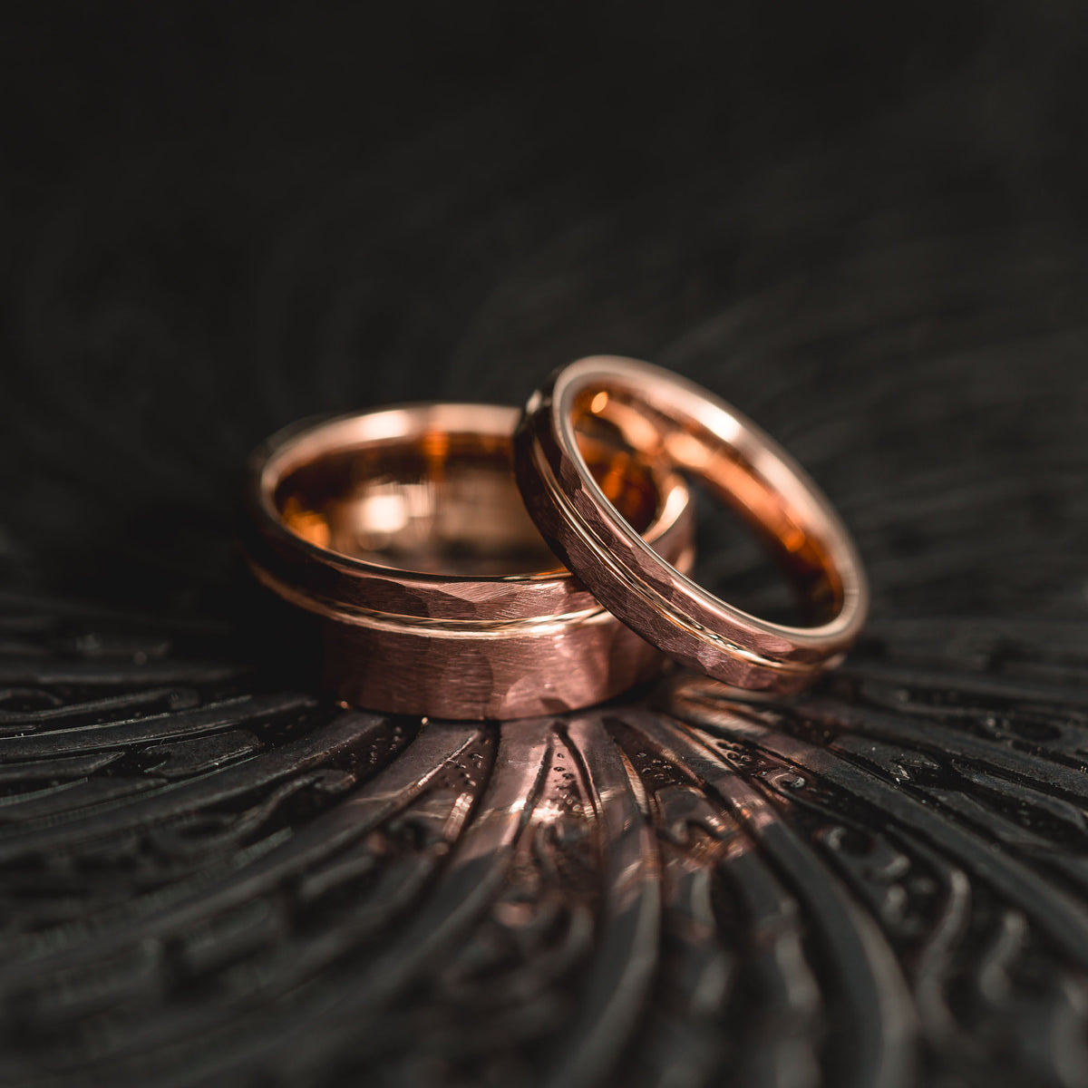 "Hex Forge" Hammered Tungsten Carbide- 8mm- Coffee x Rose Gold