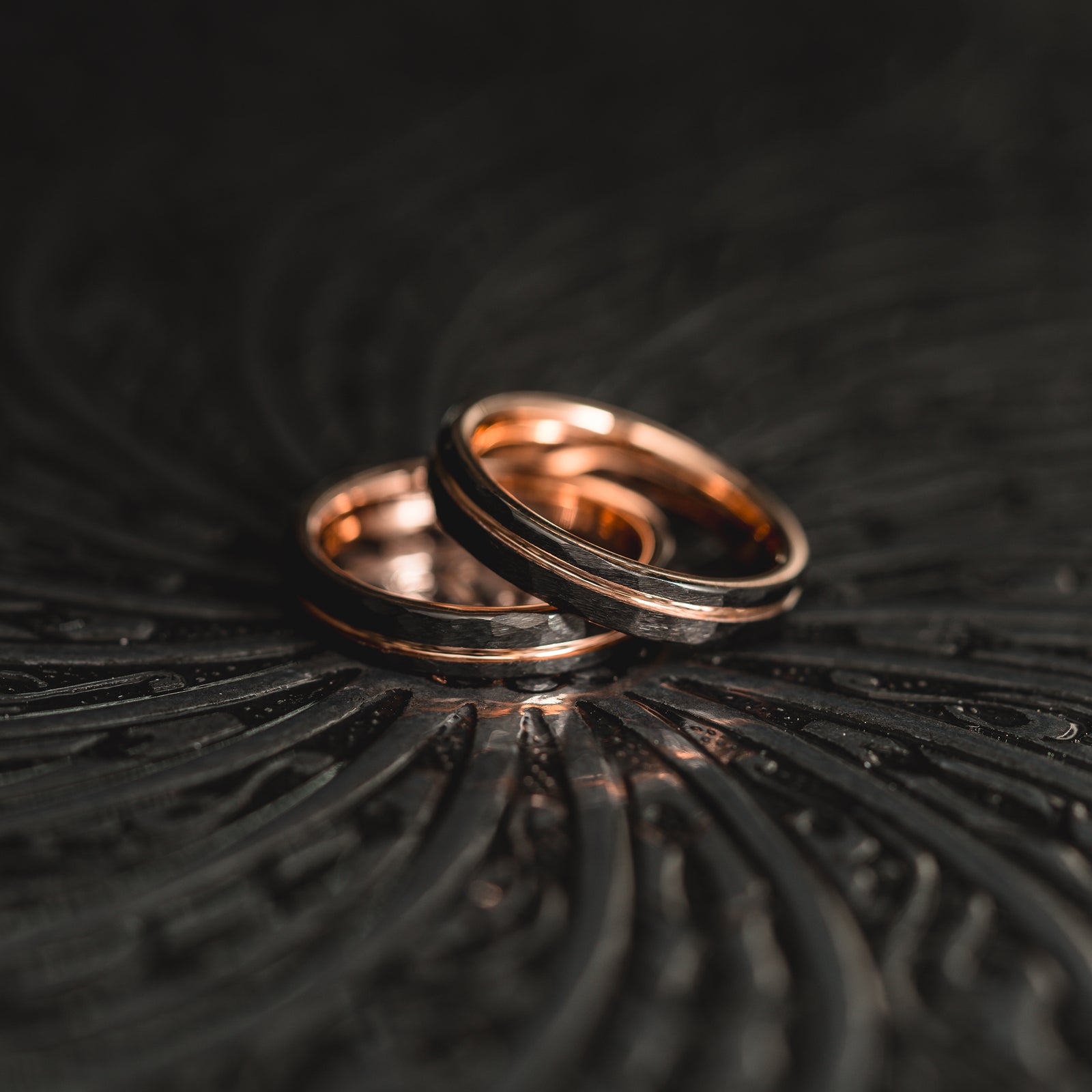 "Hex Forge" Hammered Tungsten Carbide- 4mm Womens- Black x Rose Gold