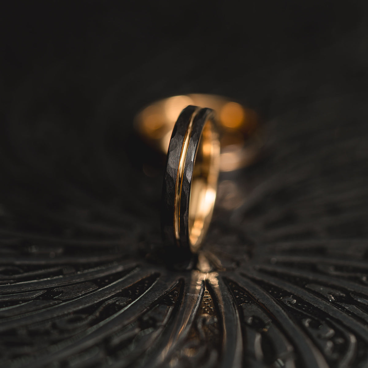 "Hex Forge" Hammered Tungsten Carbide- 4mm Womens- Black x Gold