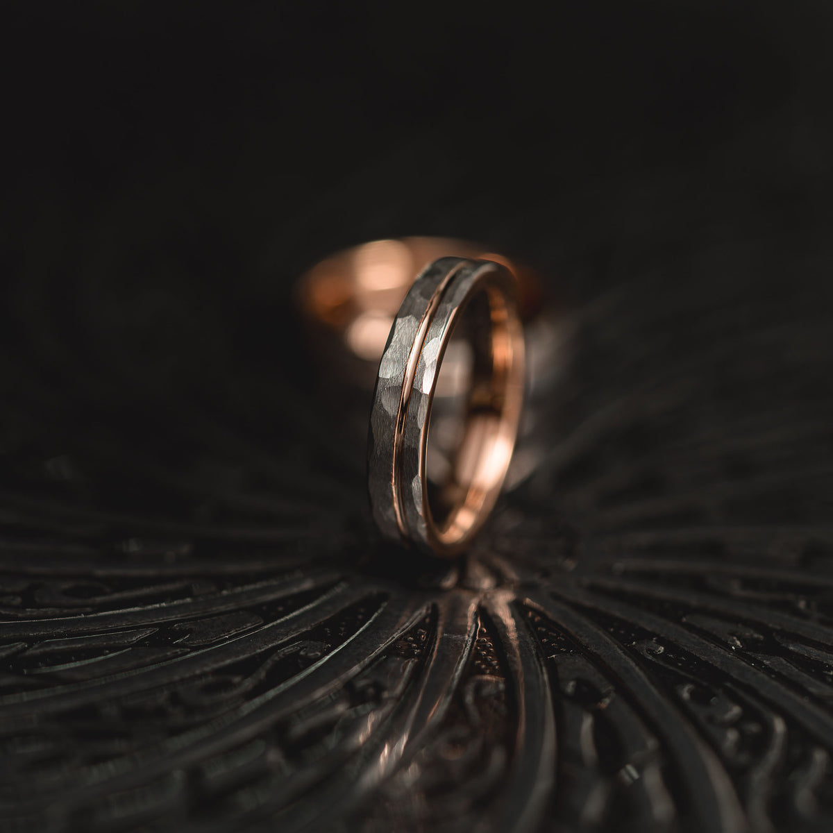 "Hex Forge" Hammered Tungsten Carbide- 4mm Womens- Silver x Rose Gold