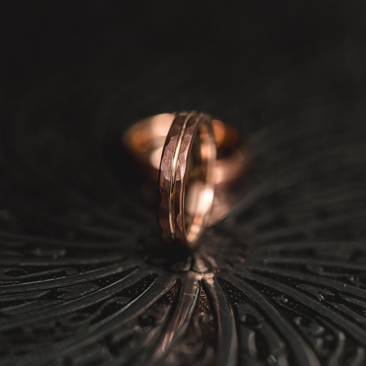 "Hex Forge" Hammered Tungsten Carbide- 4mm Womens- Coffee x Rose Gold