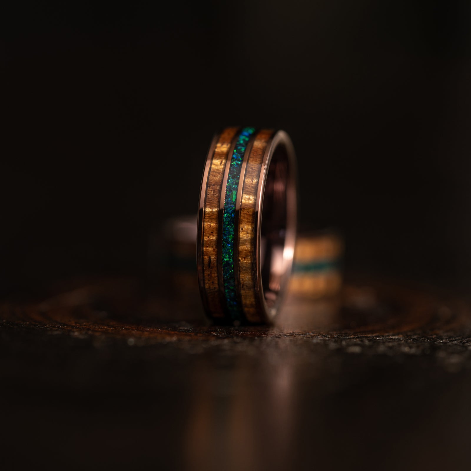 "Dionysus"  Koa Wood x Opal Rose Gold Tungsten Ring 6mm/8mm