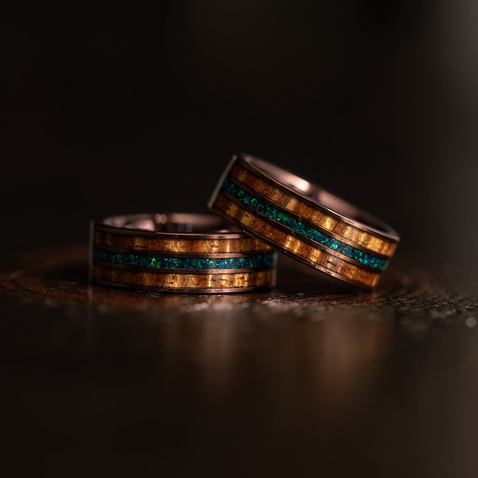 "Dionysus"  Koa Wood x Opal Rose Gold Tungsten Ring 6mm/8mm