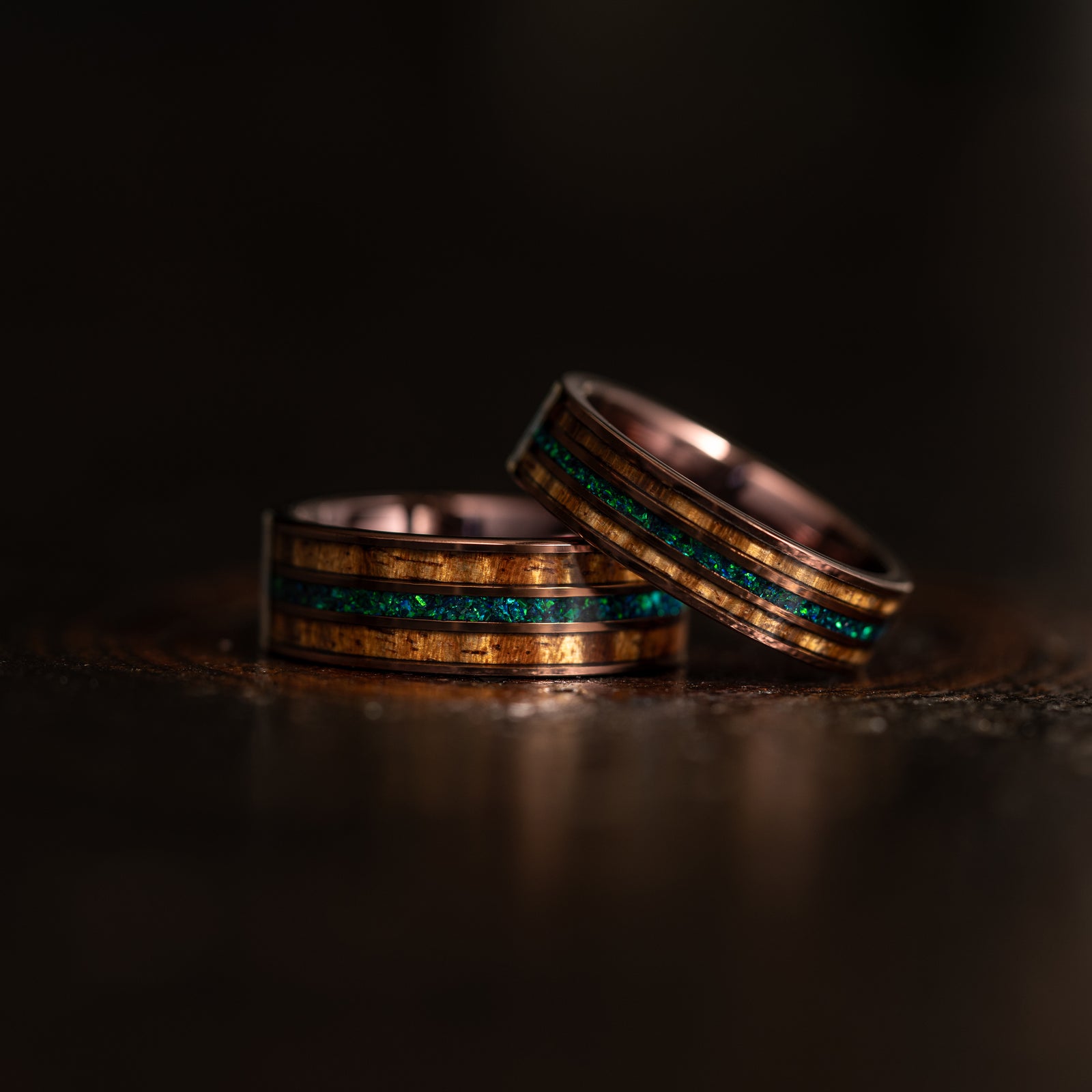 "Dionysus"  Koa Wood x Opal Rose Gold Tungsten Ring 6mm/8mm