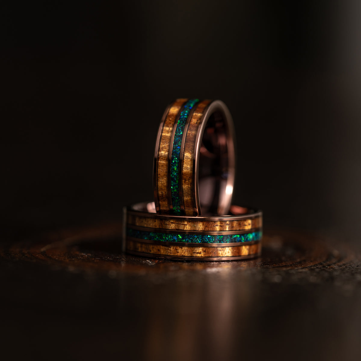 "Dionysus"  Koa Wood x Opal Rose Gold Tungsten Ring 6mm/8mm