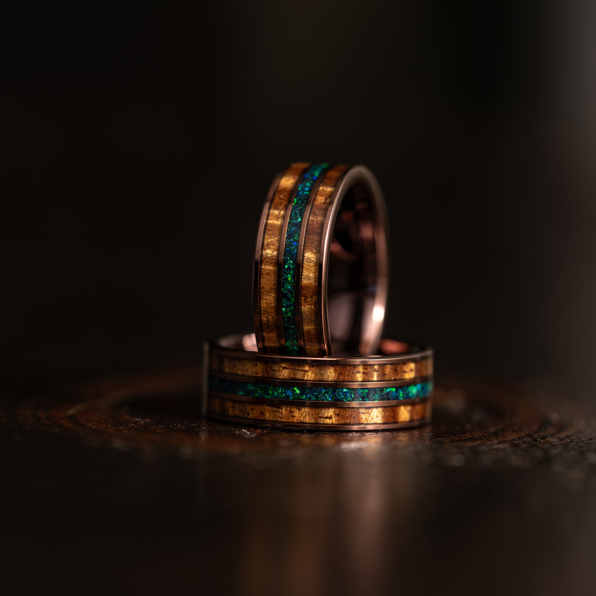 "Dionysus"  Koa Wood x Opal Rose Gold Tungsten Ring 6mm/8mm