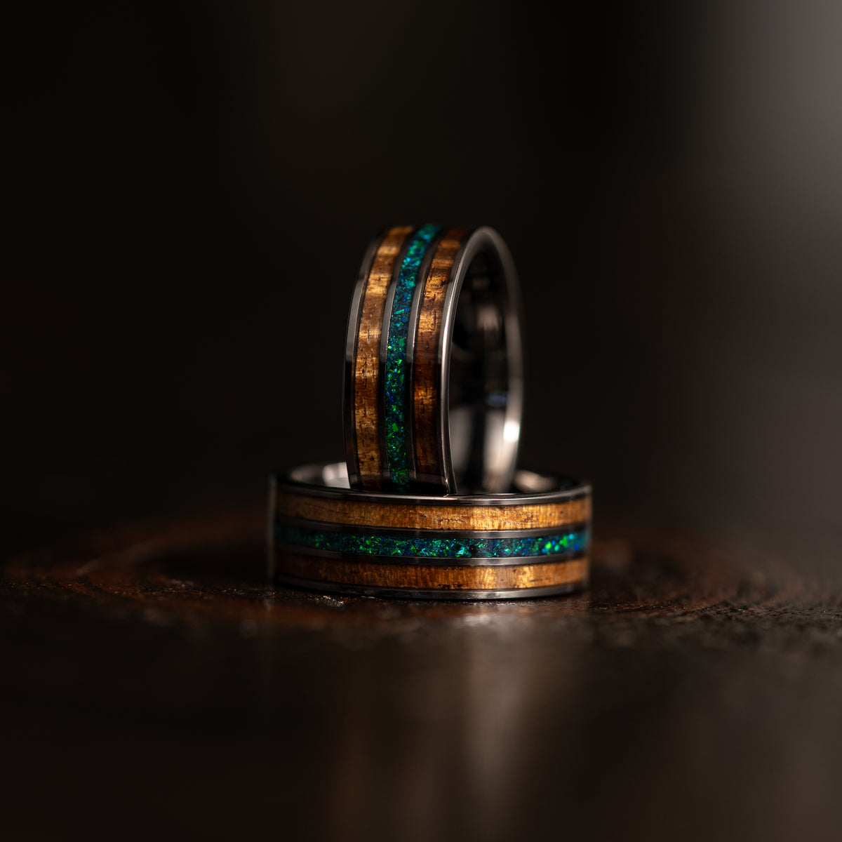 "Dionysus"  Koa Wood x Opal Gunmetal Tungsten Ring 6mm/8mm