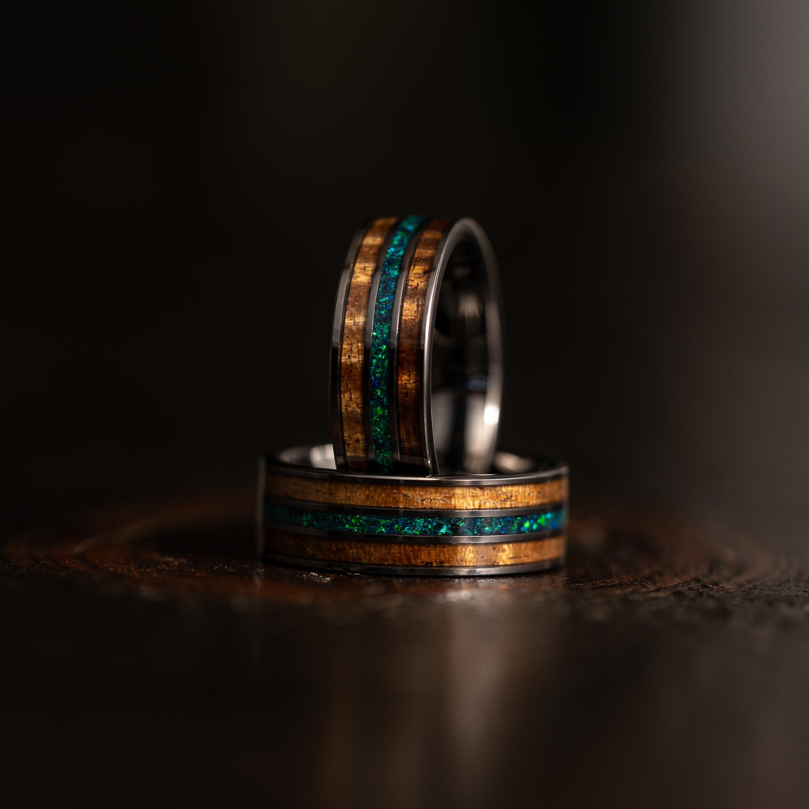 "Dionysus"  Koa Wood x Opal Gunmetal Tungsten Ring 6mm/8mm