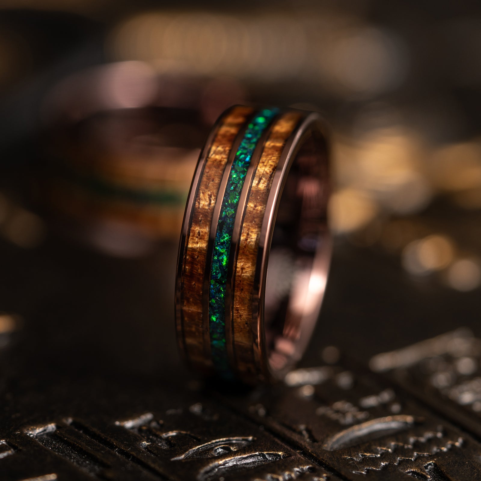 "Dionysus"  Koa Wood x Opal Rose Gold Tungsten Ring 6mm/8mm
