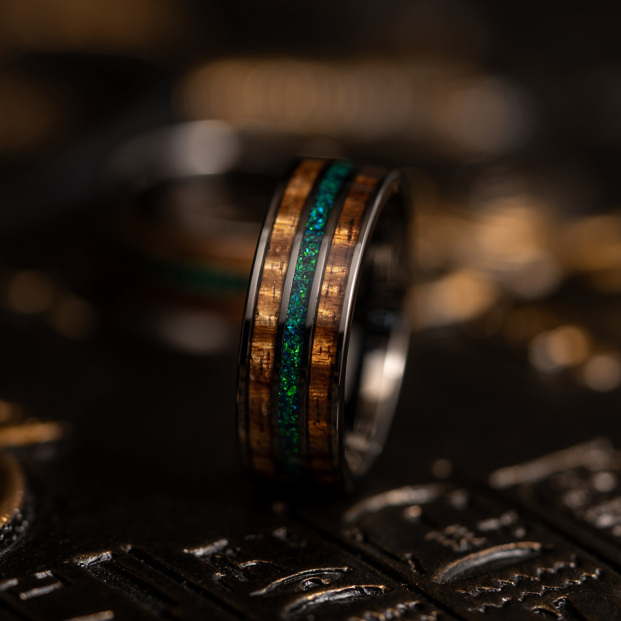 "Dionysus"  Koa Wood x Opal Gunmetal Tungsten Ring 6mm/8mm