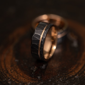 "Zeus" Distressed Hammered Tungsten Carbide Ring- Black w/ Rose Gold Gold Strip- 8mm
