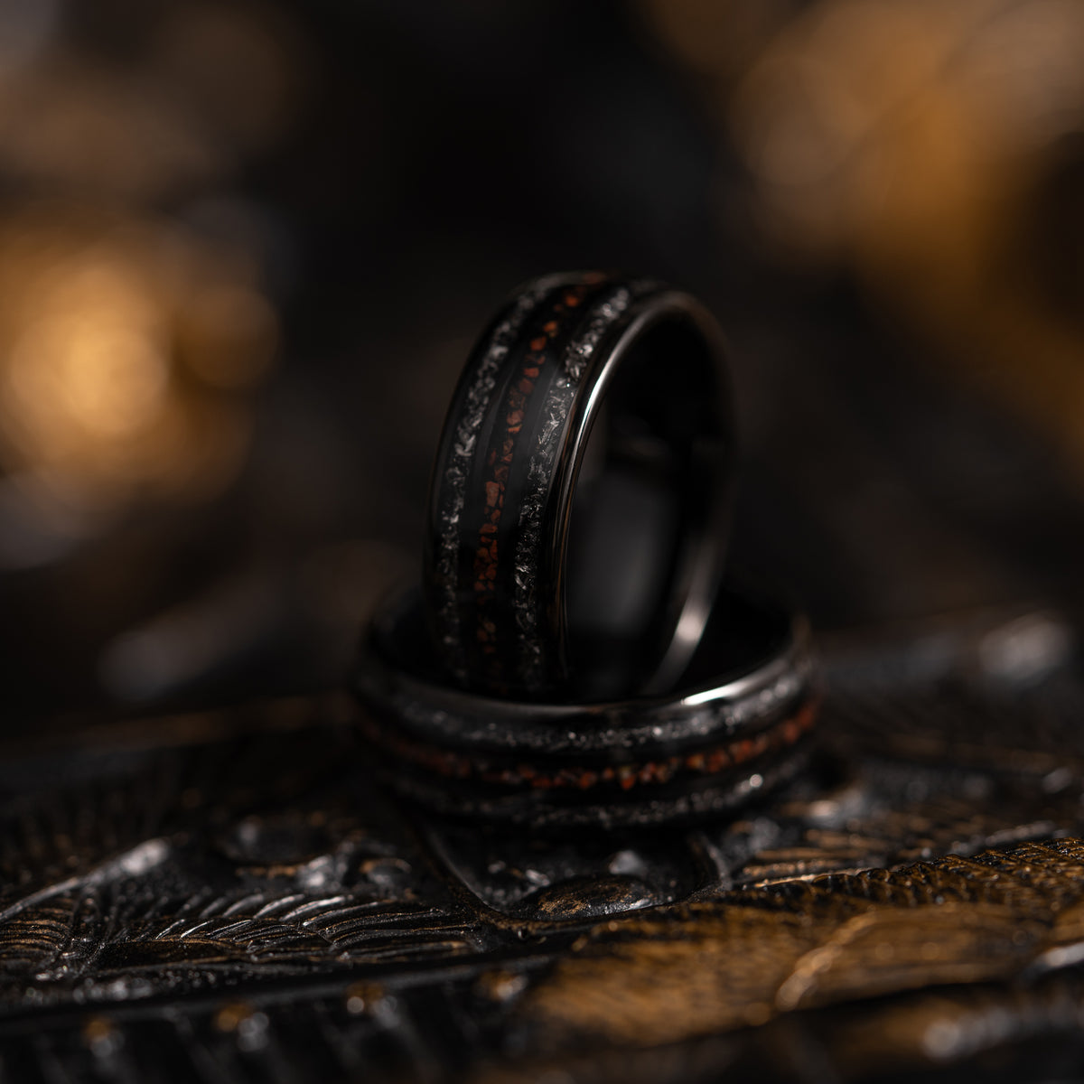 &quot;Perseus&quot; Black Domed Tungsten Carbide Ring- Dinosaur Bones and Meteorite- 6mm/8mm