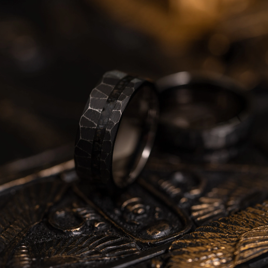 "Zeus" Distressed Hammered Dinosaur fossil - Tungsten Carbide Ring- Black w/ Blue - Black Dinosaur Bone- 8mm