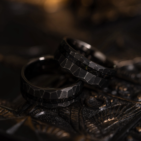 "Zeus" Distressed Hammered Dinosaur fossil - Tungsten Carbide Ring- Black w/ Blue - Black Dinosaur Bone- 8mm