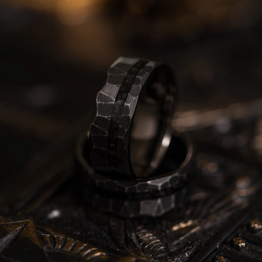 &quot;Zeus&quot; Distressed Hammered Dinosaur fossil - Tungsten Carbide Ring- Black w/ Blue - Black Dinosaur Bone- 8mm