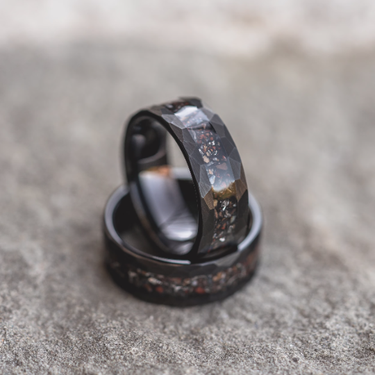 "Perseus" Black Hammered Tungsten Carbide Ring- Dinosaur Bones and Meteorite- 6mm/8mm