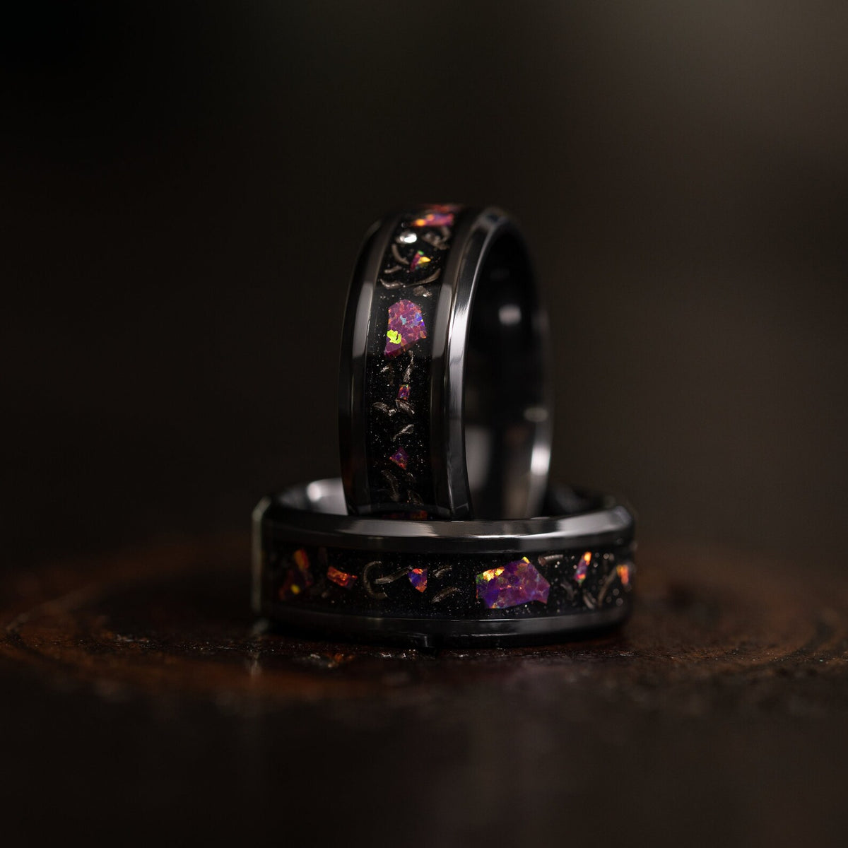 &quot;Hades&quot; Hammered Black Zirconium x Galactic Opal - Meteorite - 8mm