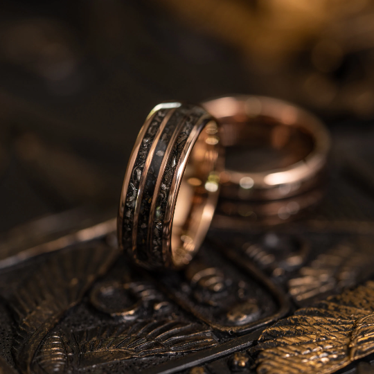 &quot;Perseus&quot; Rose Gold Domed Tungsten Carbide Ring- Black / Blue Dinosaur Bones and Meteorite- 6mm/8mm