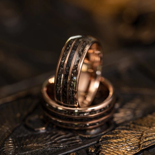 "Perseus" Rose Gold Domed Tungsten Carbide Ring- Black / Blue Dinosaur Bones and Meteorite- 6mm/8mm