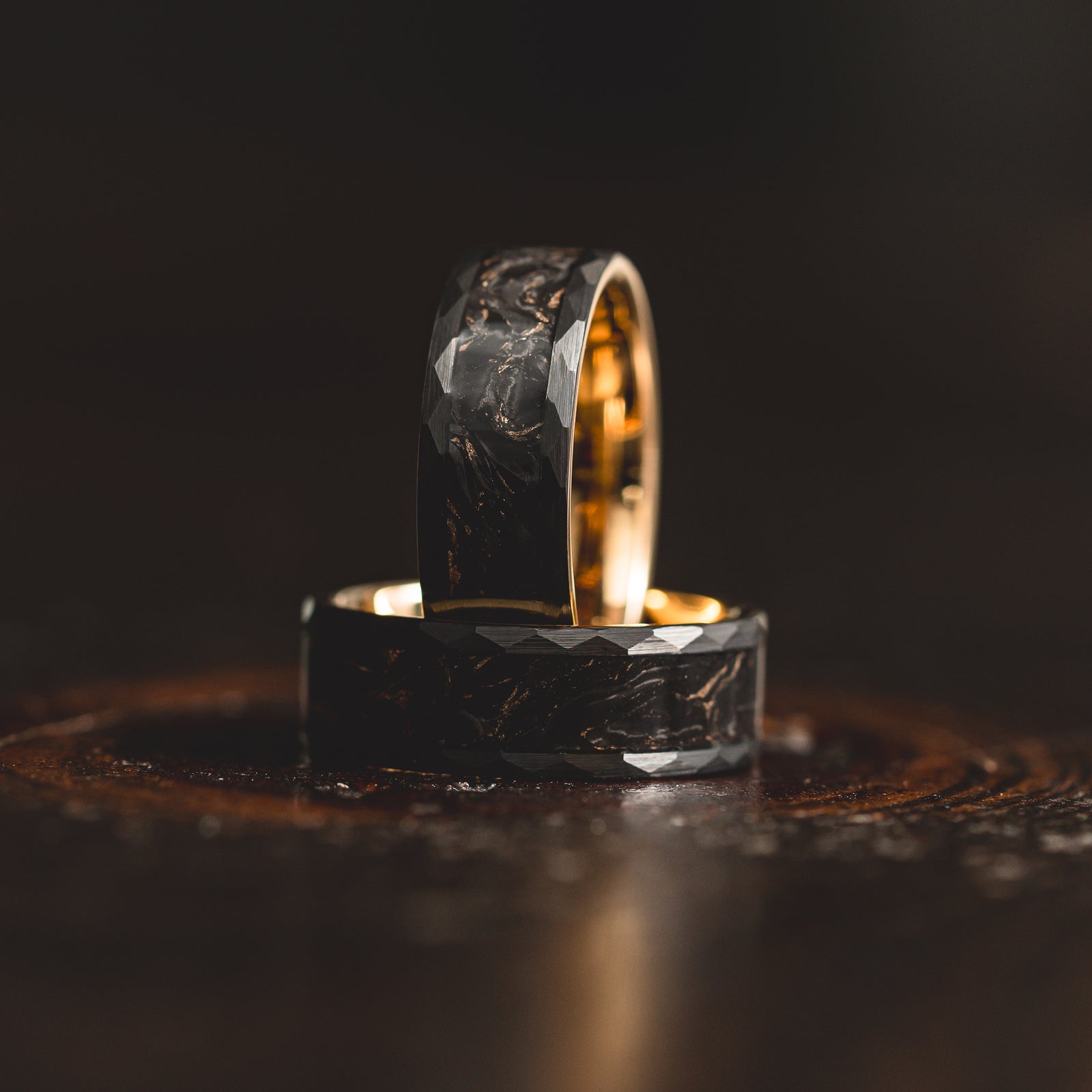 "Obsidian Vortex"  Forged Carbon with Yellow Gold Swirl 6mm/8mm